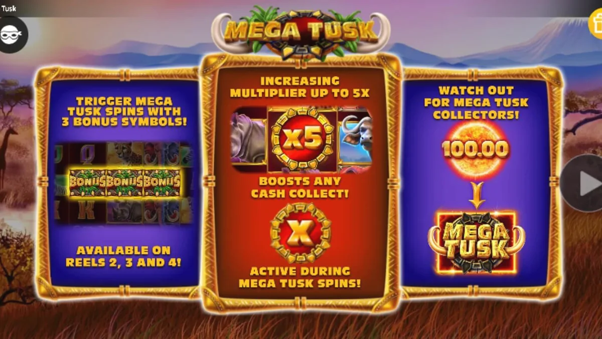 Tampilan visual slot Mega Tusk dengan latar belakang savana Afrika yang indah