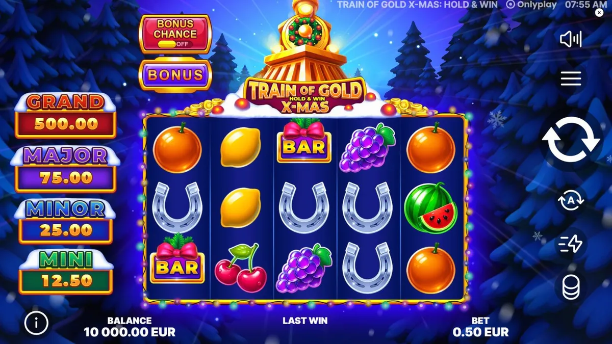 Tampilan visual slot Train of Gold X-Mas dengan tema kereta emas dan suasana Natal